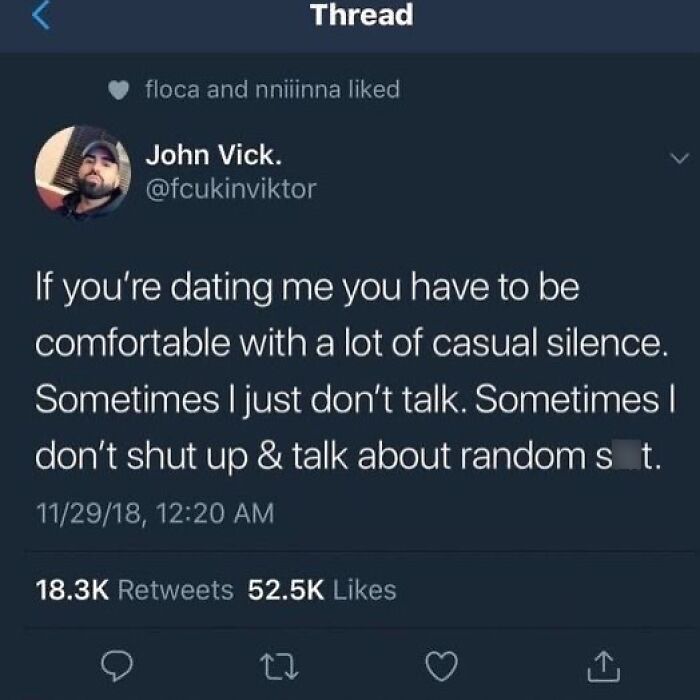 Tweet about dating and casual silence, illustrating relatable moments in wholesome relationship memes.