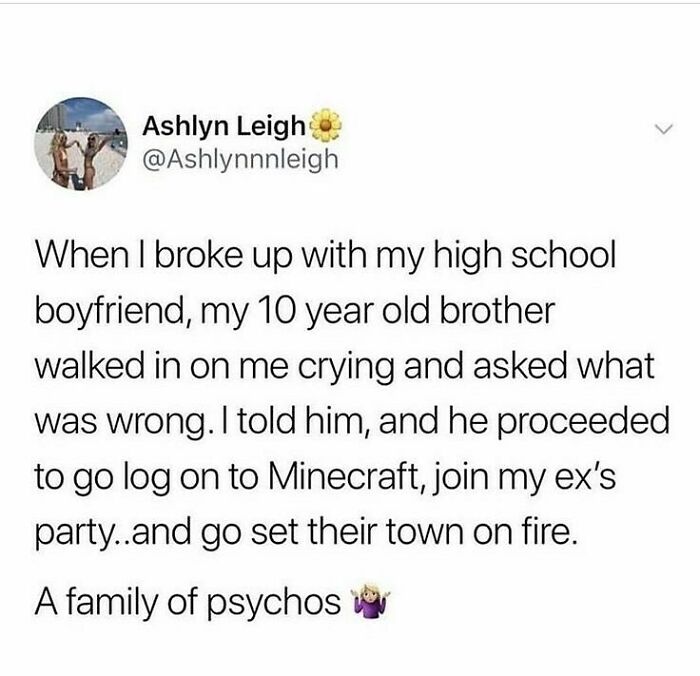 Funny wholesome relationship meme about sibling support and dealing with a breakup in a relatable way.