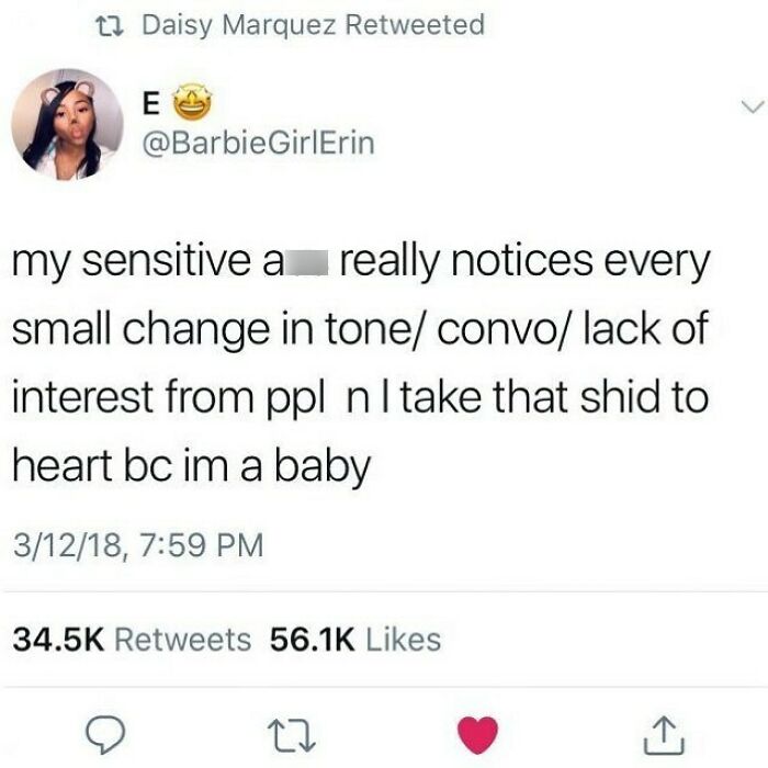 Tweet about sensitive feelings in relationships, highlighting changes in tone and lack of interest, with relatable wholesome memes.