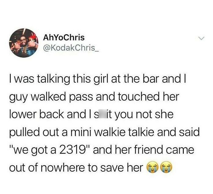 Screenshot of a wholesome relationship meme showing a funny bar interaction with a mini walkie talkie rescue.