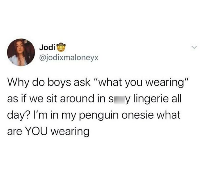 Screenshot of a wholesome relationship meme about wearing comfy clothes instead of lingerie, highlighting relatable partner questions.
