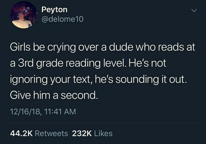 Social media post humorously addressing relationship memes about texting and reading levels in a relatable way.