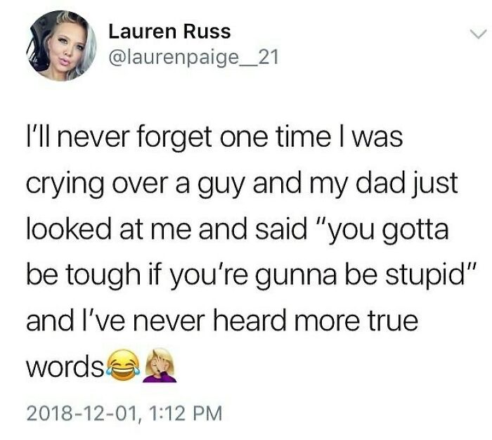 Tweet about crying over a guy with dad's tough love advice, a relatable wholesome relationship meme.