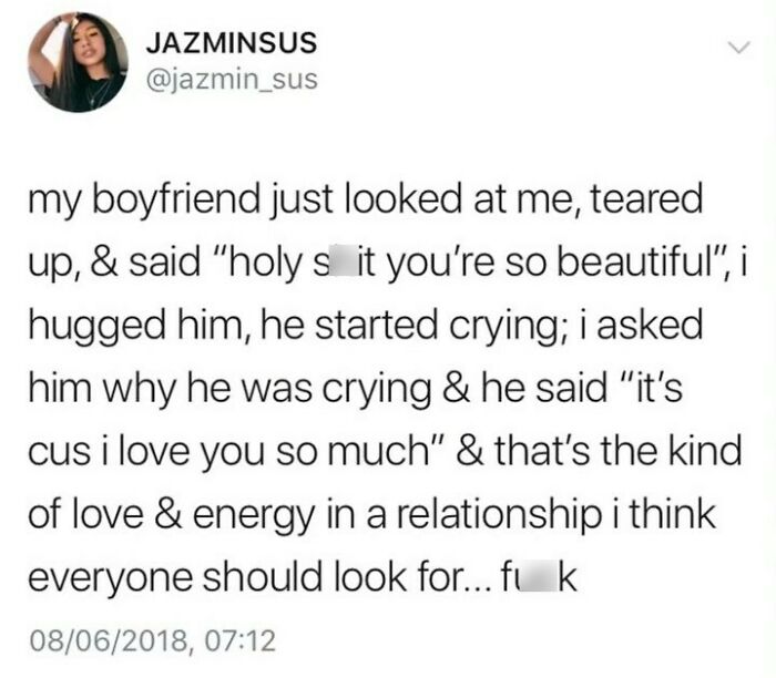 Text post about a boyfriend expressing deep love and emotional connection in a wholesome relationship meme.