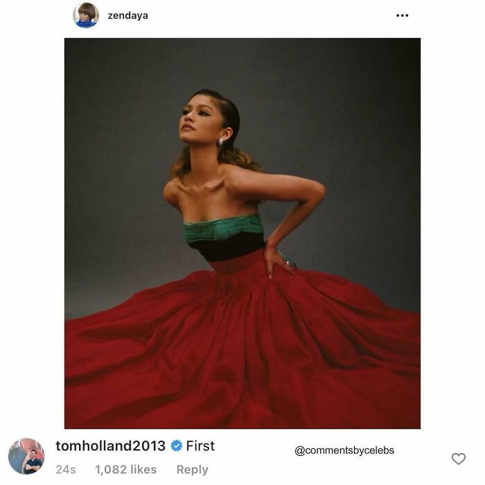 Zendaya wearing a green and red dress posing against a dark background, showcasing celeb comments dropping unexpected gems.