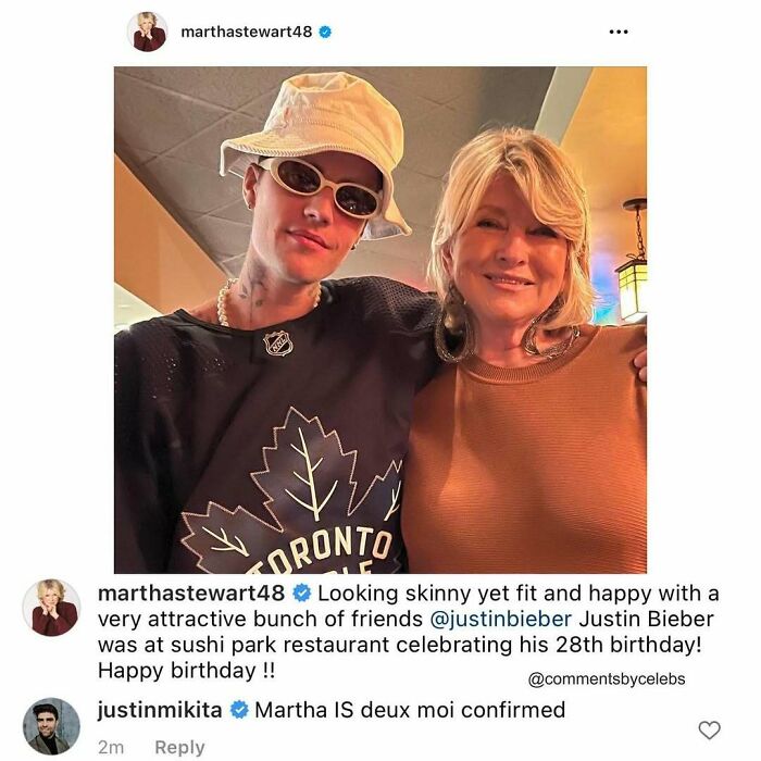 Justin Bieber and Martha Stewart posing together, showcasing unexpected celeb moments in comments on social media posts.