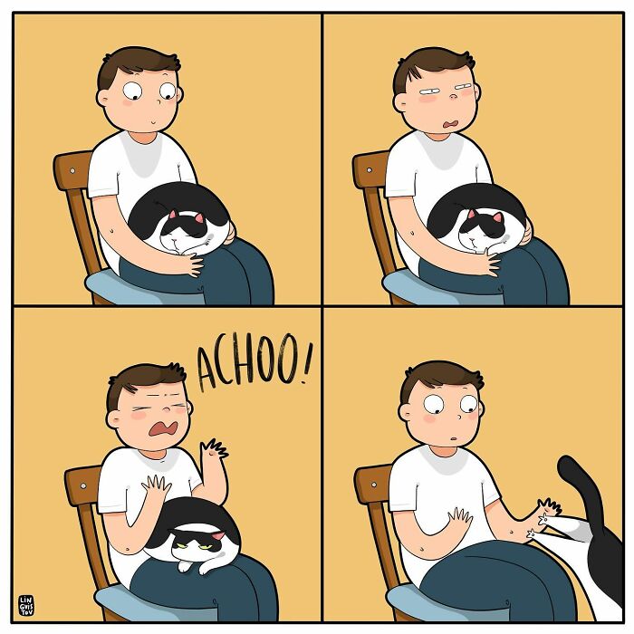 Comic strip shows a cat owner sneezing while holding a cat, with the cat playfully scratching his chest in reaction.