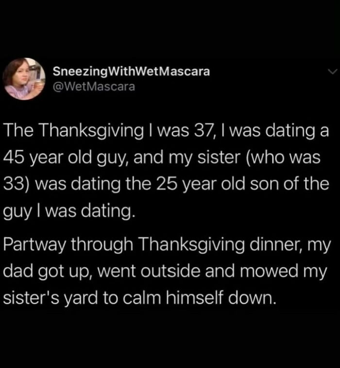 Funny wholesome relationship meme about complicated dating situations during Thanksgiving dinner.