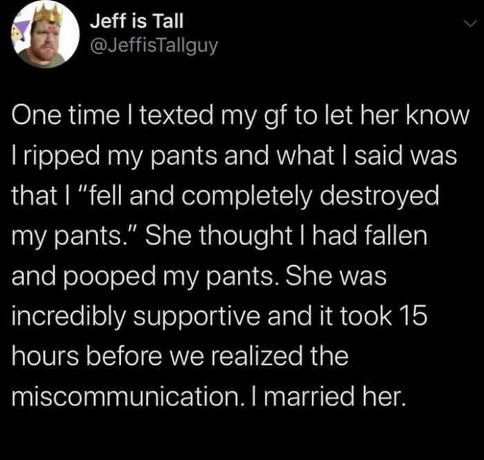 A wholesome relationship meme about a funny miscommunication between a couple showing relatable relationship humor.