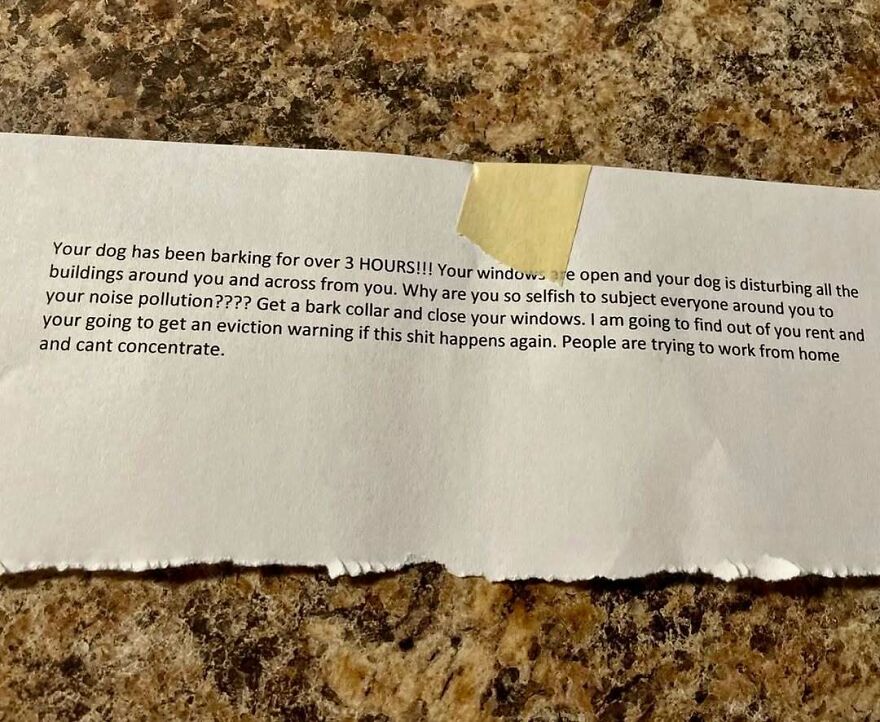 Handwritten note complaining about loud dog barking disturbing neighbors, highlighting noise pollution in residential area.