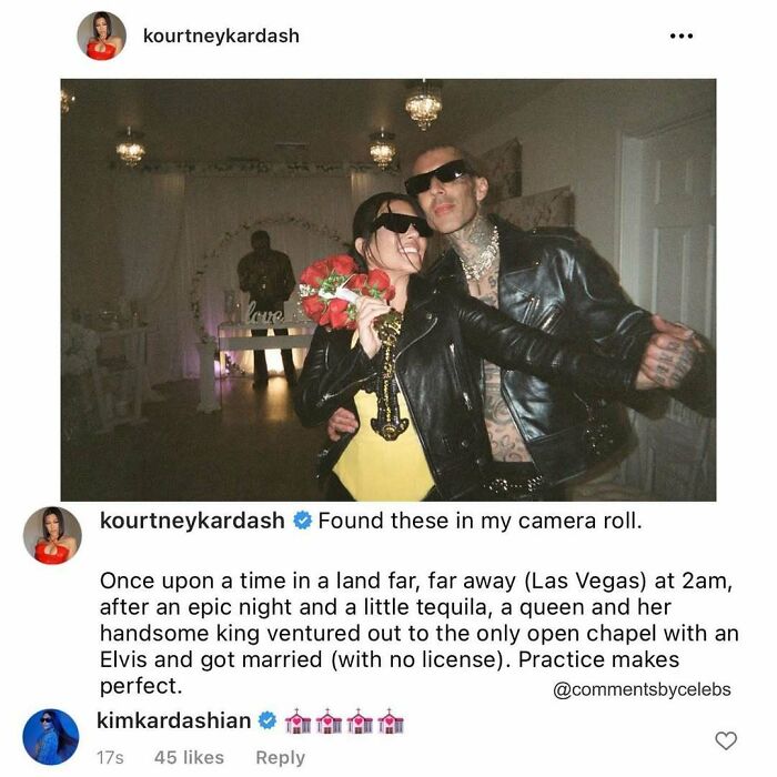 Kourtney Kardashian and Travis Barker wearing leather jackets celebrating a spontaneous wedding moment with celebrity comments.