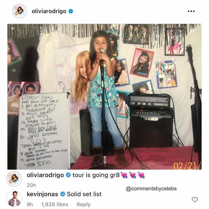 Young girl singing on stage with microphone and amplifier, showcasing unexpected gems dropped by celebs in comments.