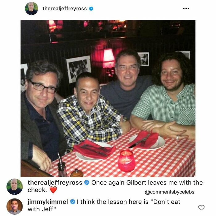 Four men sitting at a red checkered tablecloth in a restaurant, showcasing celeb comments dropping unexpected gems.