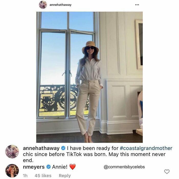 Anne Hathaway wearing coastal grandmother chic outfit standing by a window, illustrating celebs dropping unexpected gems in comments.