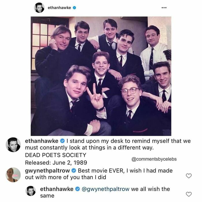 Ethan Hawke and cast from Dead Poets Society in a nostalgic photo with celebs dropping unexpected gems in comments.