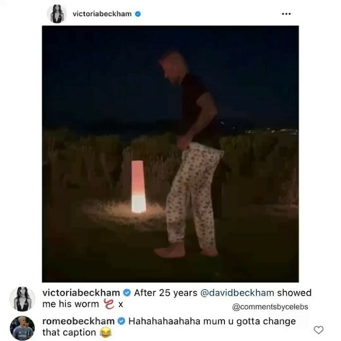 Victoria Beckham’s Instagram post with funny celeb comments showing unexpected gems in the interaction at night.