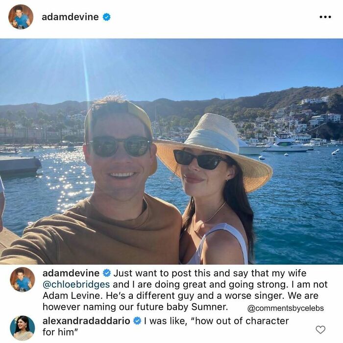 Adam Devine and Chloe Bridges by the water, celebrity comments revealing unexpected gems and fun interactions.