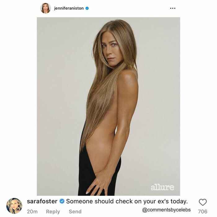 Jennifer Aniston posing with long hair, featured in a post highlighting celebs dropping unexpected gems in comments.