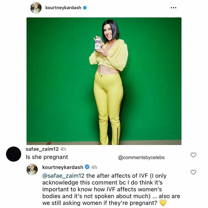 Kourtney Kardashian wearing yellow outfit holding a product with a comment about IVF effects in celebrity comments.