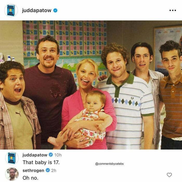 Group of celebrities smiling with a baby, showcasing unexpected gems in the comments from celebs on a popular post.