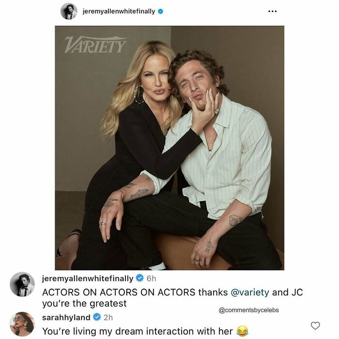 Celebrity interaction with unexpected gems shared in comments featuring two actors posing for Variety photo.