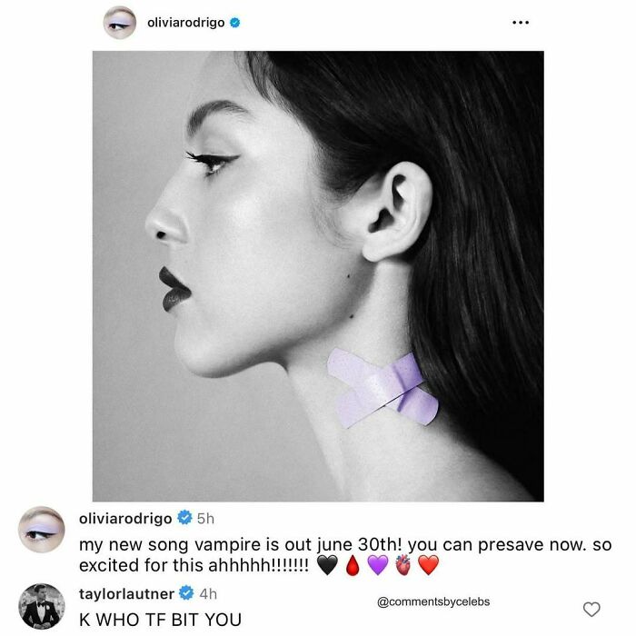 Black and white profile of a woman with purple bandages on her neck, featuring celebrity comments and unexpected gems.