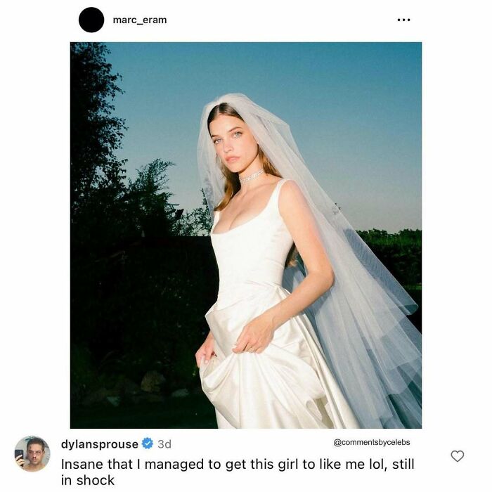 Woman in a white wedding dress and veil posing outdoors, with a celebrity comment highlighted in the image comments section.