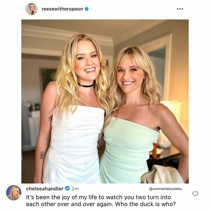 Two smiling blonde women in white and light green dresses sharing a moment, illustrating celebs dropping unexpected gems in comments.