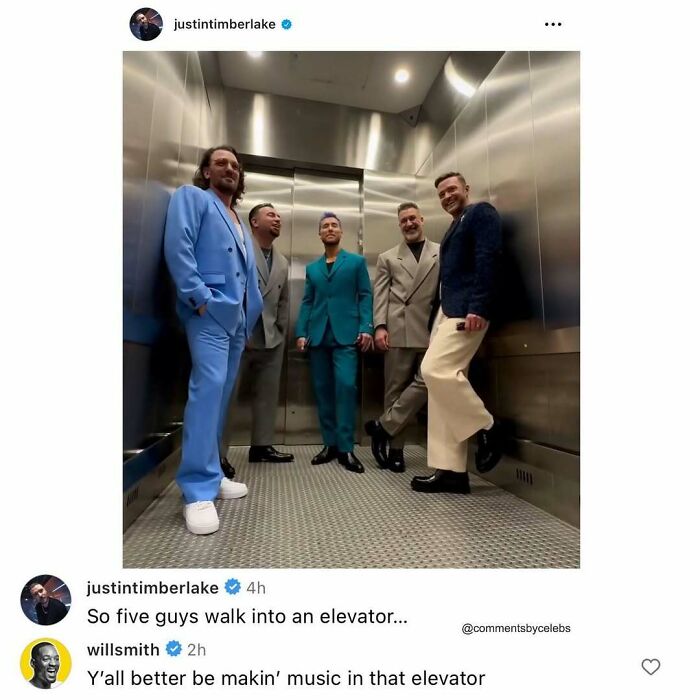 Five men in colorful suits standing in an elevator with celeb unexpected gems dropped in the comments below.