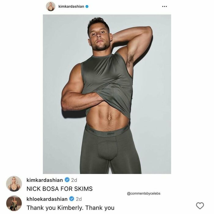 Celebrity comment on a photo of a man in SKIMS activewear showing unexpected gems in celebrity comments.
