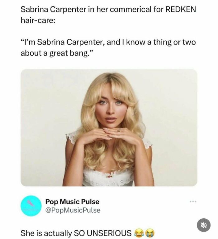 Blonde woman with bangs in a white top posing, a funny relatable post about navigating the world as just a girl.