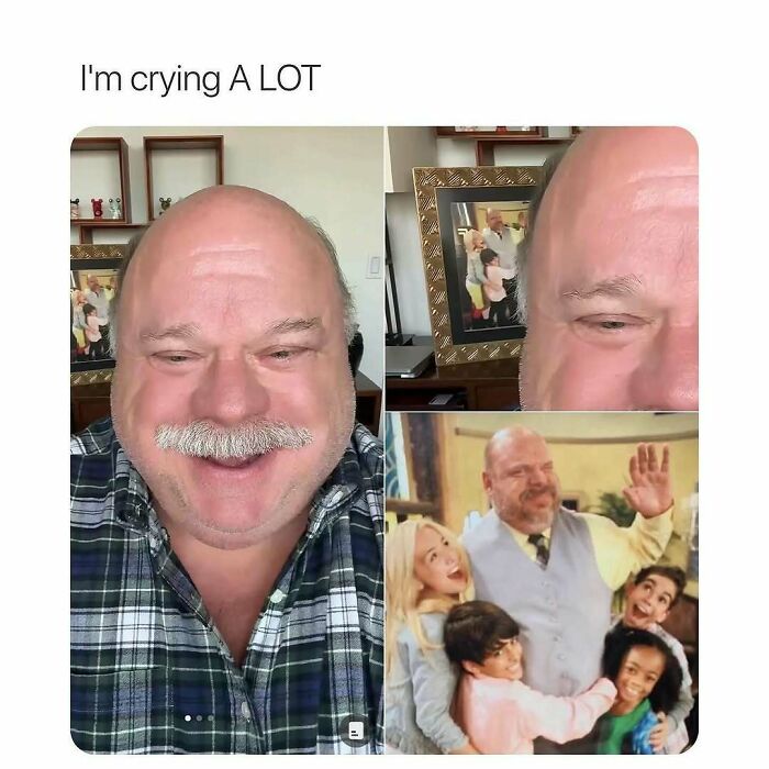 Man with mustache smiling and crying in multiple close-up and family photos, humorous relatable meme about navigating the world as a girl