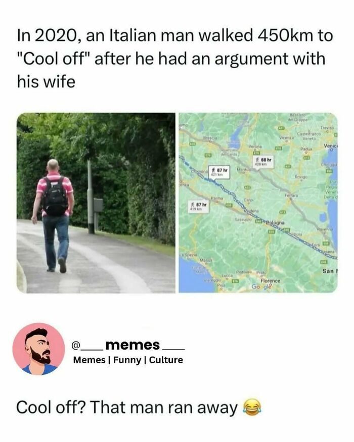 Man walking a long distance with map showing 450km, funny and relatable posts about navigating the world as just a girl