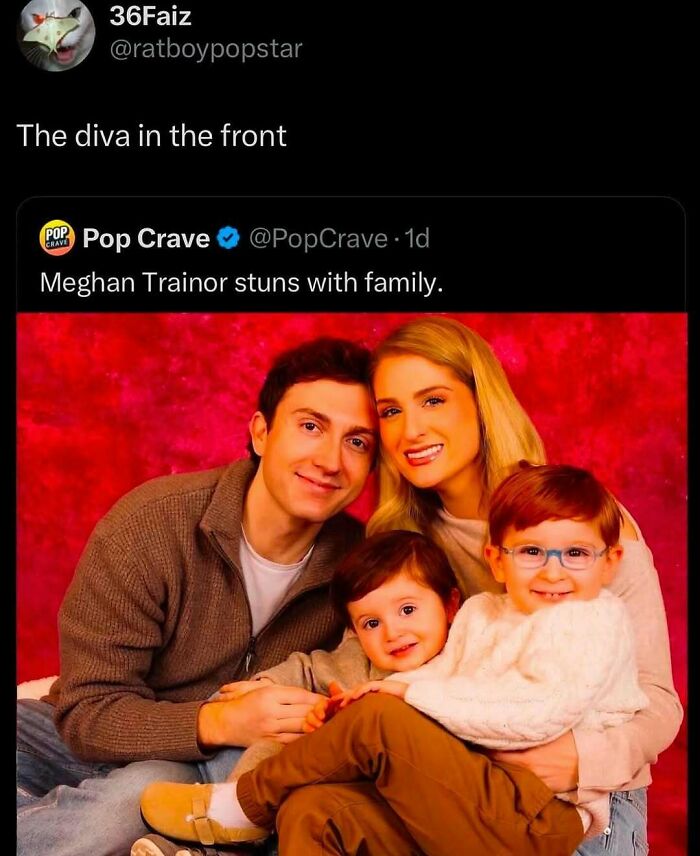 Family photo with Meghan Trainor and kids, caption humorously highlighting the diva in the front, funny relatable meme about just a girl.