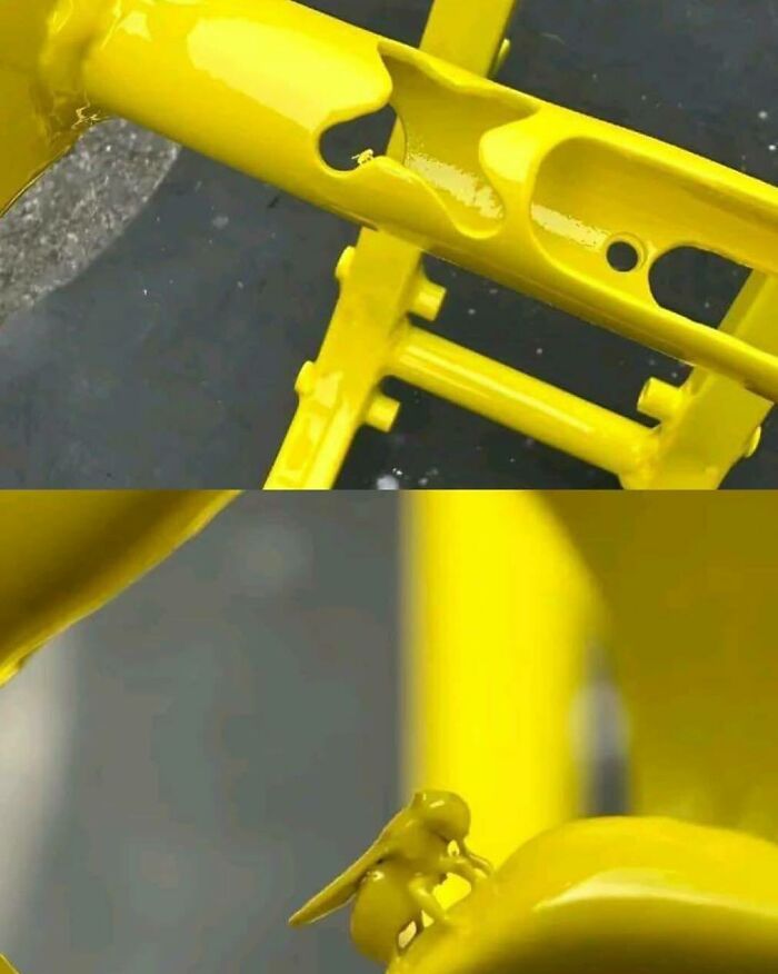 Yellow construction frame with a manufacturing defect and a yellow wasp sitting on the damaged part of the design.