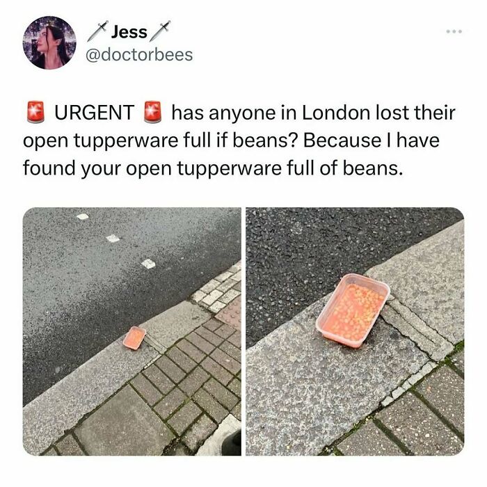 Tweet about a lost open Tupperware full of beans on a London sidewalk, showcasing witty British humor memes.