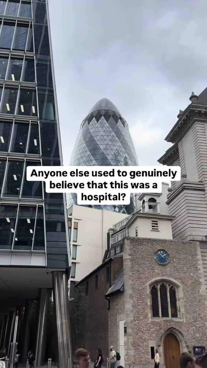 London cityscape with modern and historic buildings, featuring a meme about British humor and the iconic Gherkin tower.