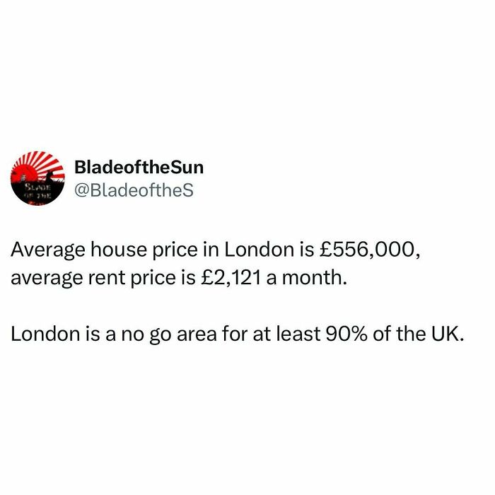 Tweet showing average house price and rent in London, highlighting London memes that capture British humor wit.