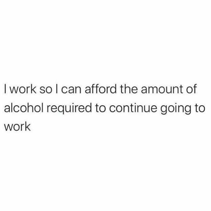 Relatable funny meme about working to afford alcohol to keep going to work, reflecting everyday struggles today.