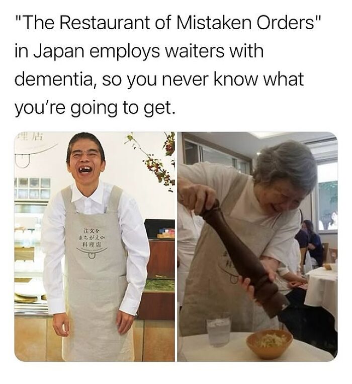 Two elderly waiters with dementia at a quirky Japanese restaurant featured in relatable funny memes for a lighthearted day.