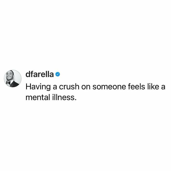 Funny relatable meme text about having a crush feeling like a mental illness to lighten a tough day.