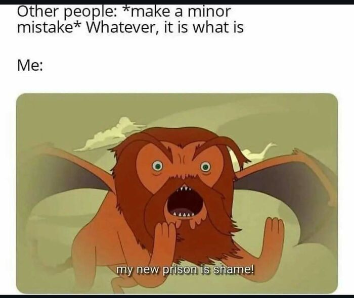 Cartoon creature expressing intense shame, illustrating introvert memes about socializing and decompressing after interaction.