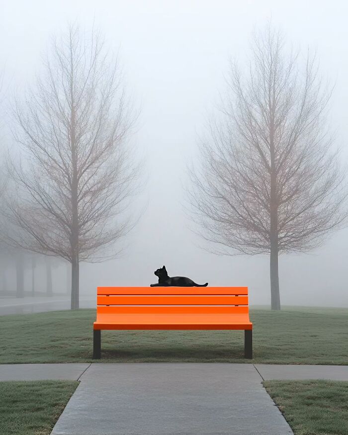 Black cat resting on a bright orange bench in a foggy park with leafless trees creating a minimalist peaceful escape scene.