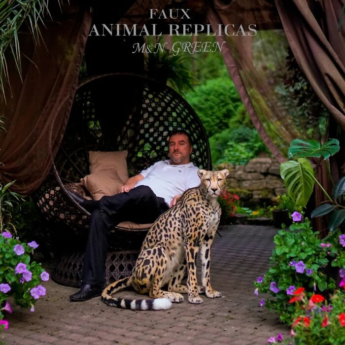 Man sitting beside a stunningly realistic animal sculpture of a cheetah made with synthetic materials without harming wildlife.