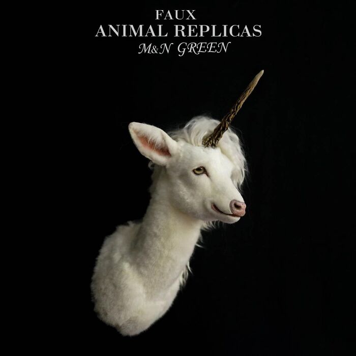 Realistic animal sculpture of a unicorn crafted with synthetic materials by artists without harming wildlife.