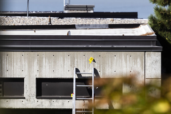 Concrete rooftop nest with a metal ladder and evidence markers showing sniper’s exact point of view in eerie photos. Concrete rooftop nest with a metal ladder and evidence markers showing sniper’s exact point of view in eerie photos.