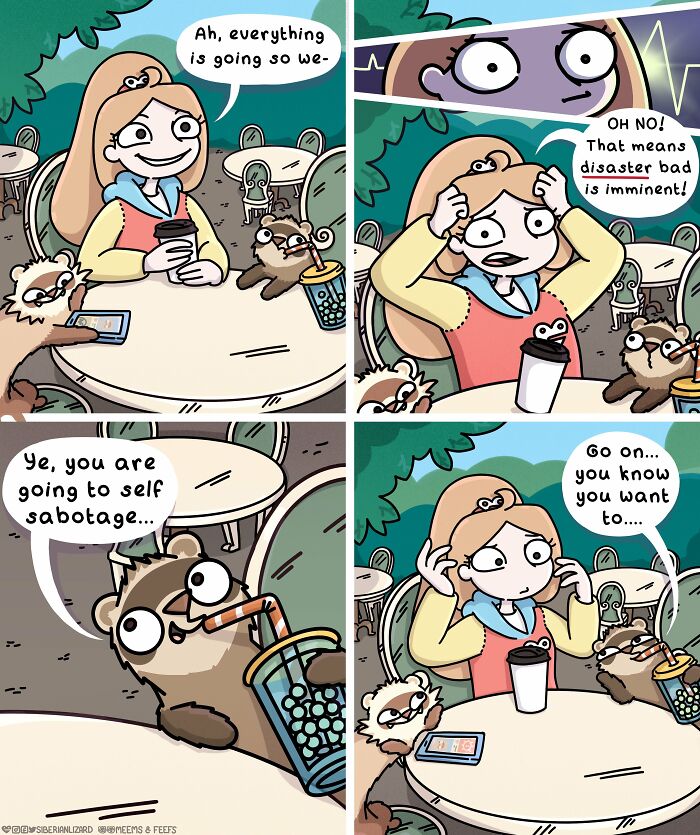 Comic strip showing an artist interacting humorously with two ferrets and a cat while sitting at a table outdoors.