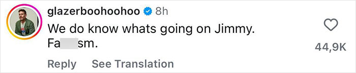 Screenshot of a social media comment referencing Jimmy Fallon reacting to Jimmy Kimmel's show suspension discussion. Screenshot of a social media comment referencing Jimmy Fallon reacting to Jimmy Kimmel's show suspension discussion.