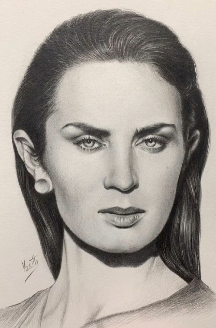 Realistic pencil portrait of a woman showcasing intricate shading and capturing every tiny detail in the facial features.