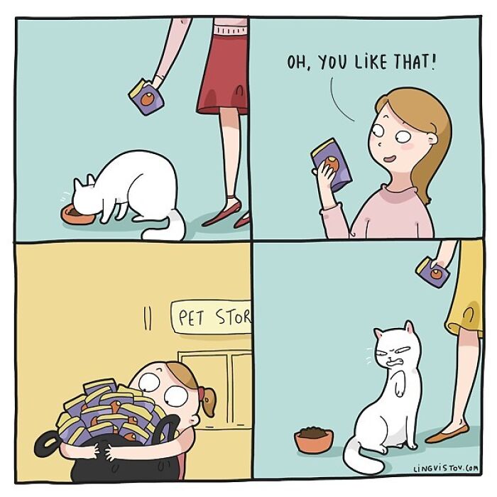 Comic showing a cat eating food, a happy owner, then the owner buying many cat food packs at a pet store, and a displeased cat.
